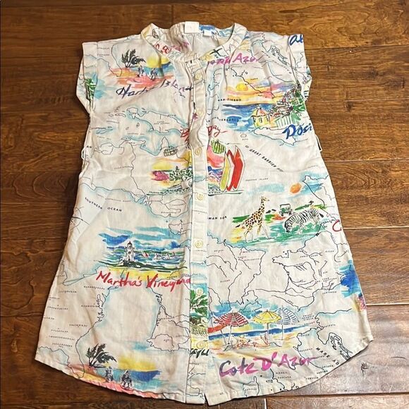 GAP KIDS Linen Blend Colorful Map Print Sleeveless Shirt Dress, size 8 - Picture 1 of 8